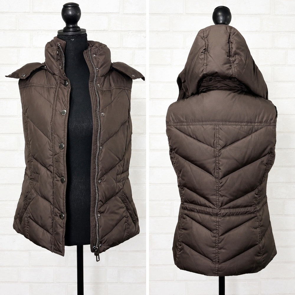 Vintage Y2K Esprit Down Puffer Vest Size 6 Fitted Chevron Quilted Hooded Zip